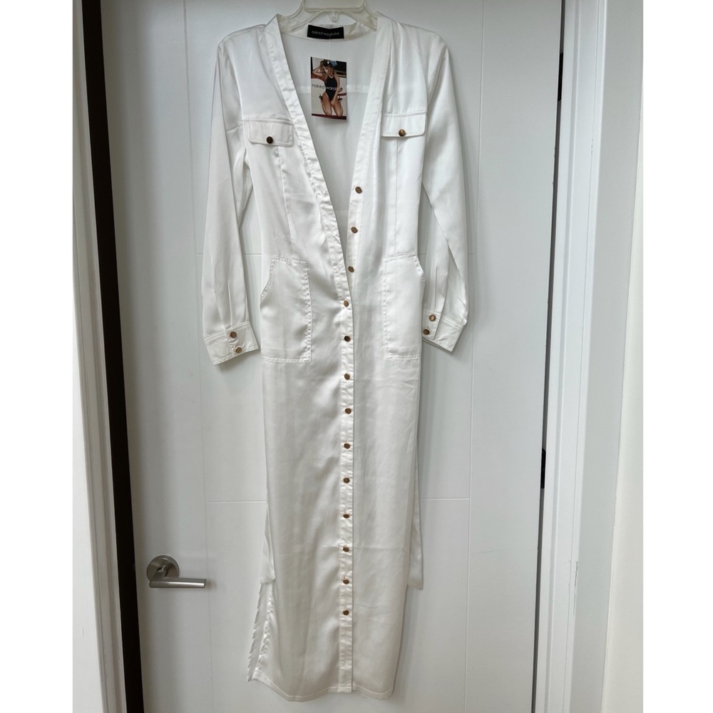 Naked Wardrobe White Satin Button-Up Dress